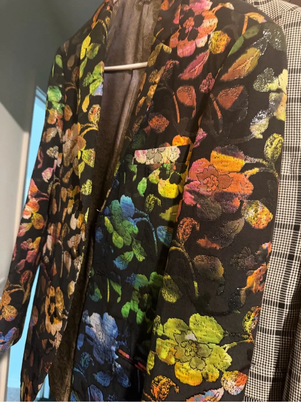 Men's Black Floral Jacquard Blazer with Multicolor Bloom